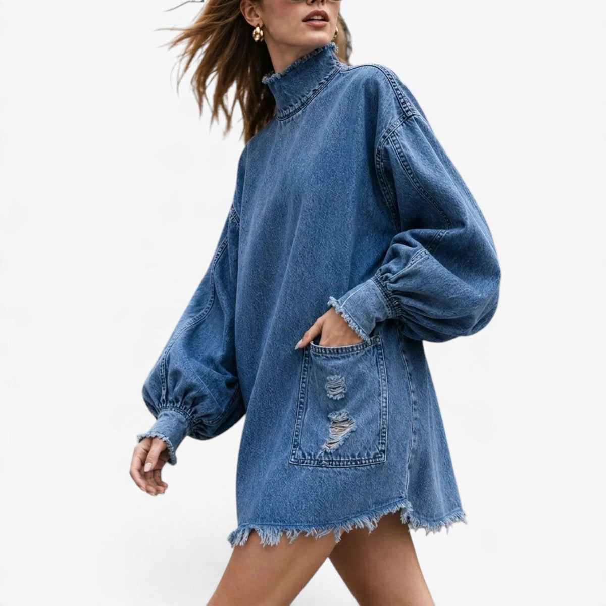Evelyne™ Oversized Džínové Šaty s Distressingem