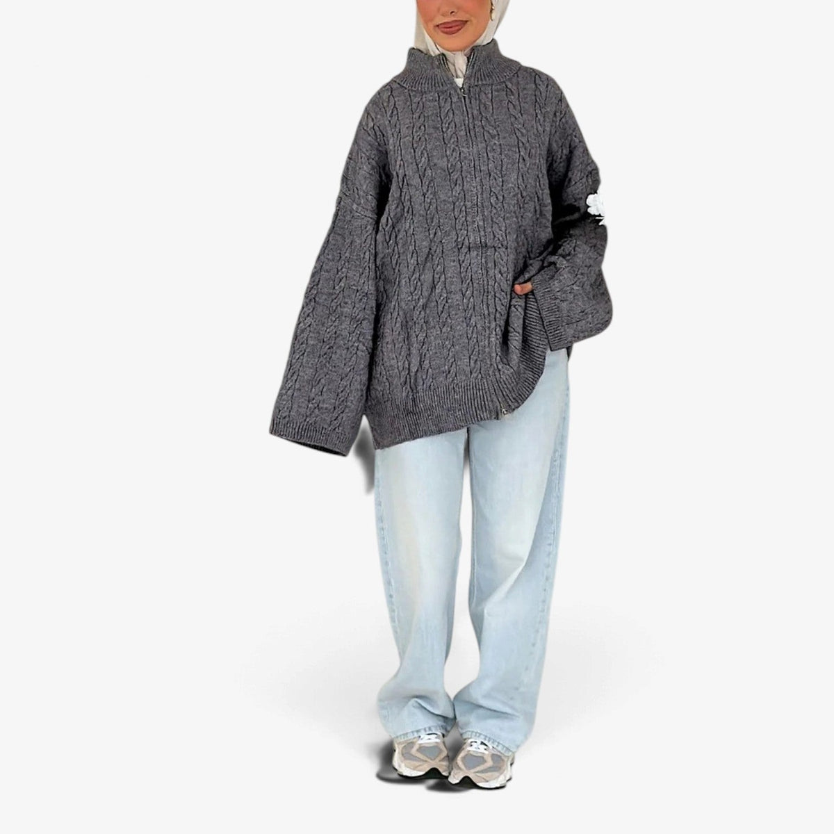 Florine™ Texturovaný pletený svetr s polovičním zipem