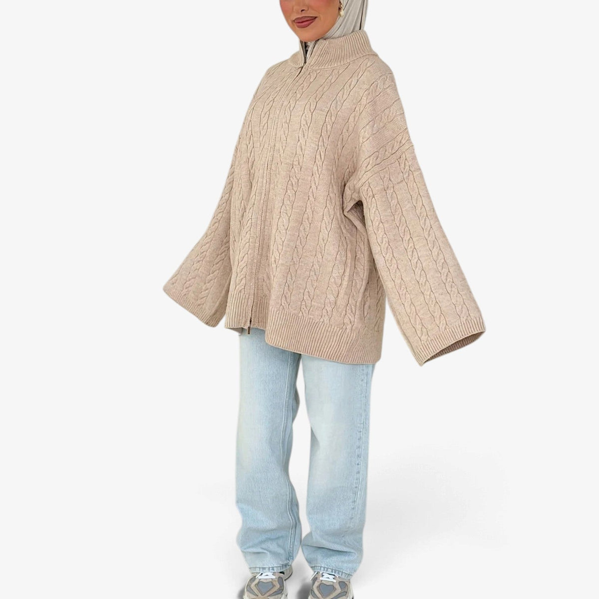 Florine™ Texturovaný pletený svetr s polovičním zipem