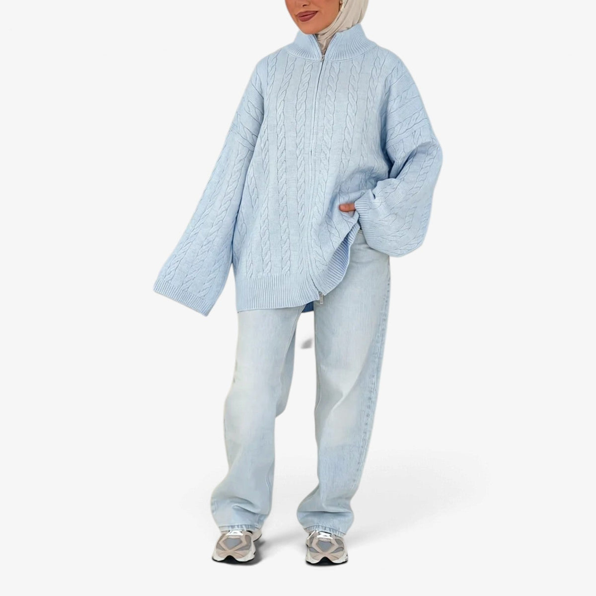 Florine™ Texturovaný pletený svetr s polovičním zipem