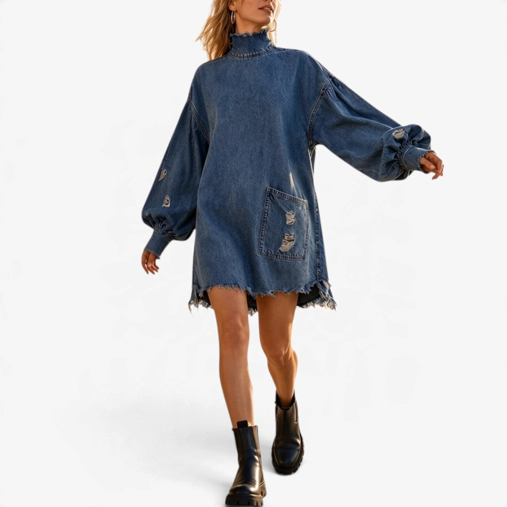 Evelyne™ Oversized Džínové Šaty s Distressingem